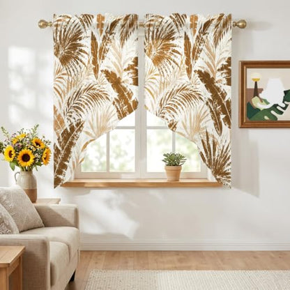 Brown Leaves Swag Curtains Set - Sepia, Bronze, Tan, Sand - 36x36 Inches, Pack of 2