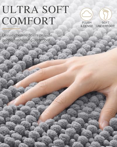 Grey Thick Bathroom Rug 30x20 Chenille Absorbent Non-Slip Bath Mat