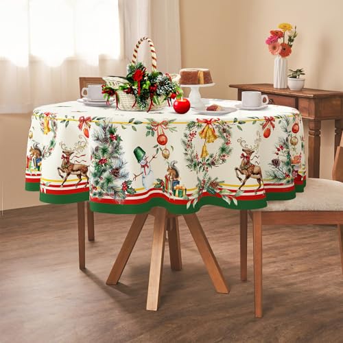 Round Christmas Tablecloth 60x60in Tree Elk Holiday Decor Waterproof & Wrinkle-Resistant