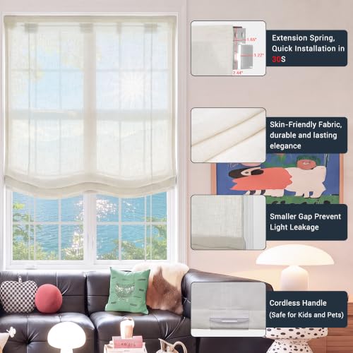 No Drill Roman Shades 35x36 Inch Semi-View Beige Window Treatment with Soft Wave Rib