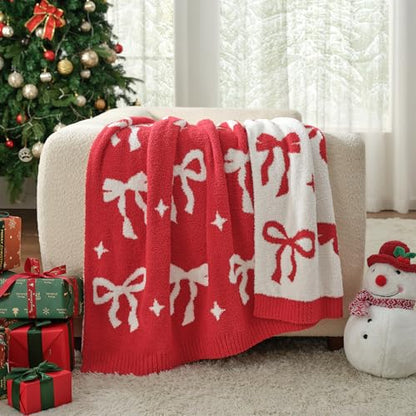 Christmas Throw Blanket 50x60 Inches Reversible Soft Cozy Decor with Red Bow