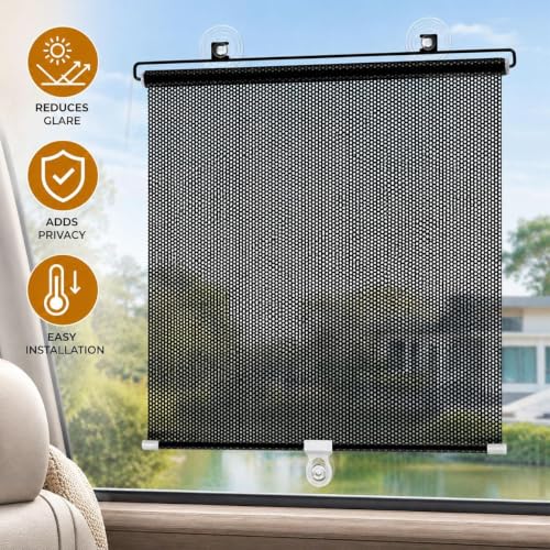 18 x 42-Inch Retractable Window Sun Shade with Suction Cups - No Drill, Portable Mesh Screen for Home Car RV Office Glass Door Skylight