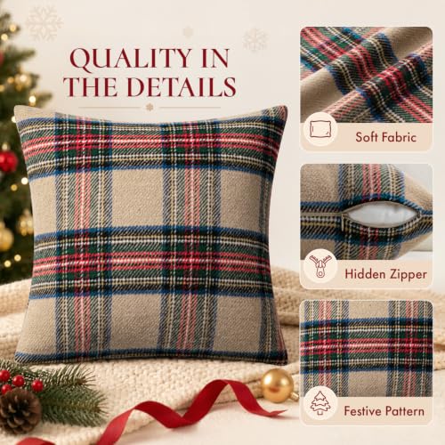 Christmas Khaki Scottish Check Pillow Covers 18x18 Plush Set of 2 - Holiday Home Decor