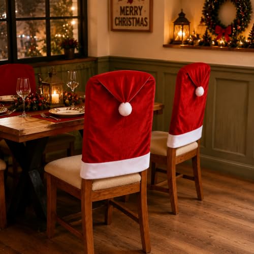 4 Pack Christmas Santa Hat Velvet Chair Covers - Festive Holiday Seat Decor