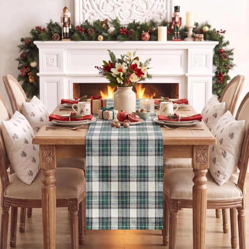 Softalker Christmas Checkered Table Runner - Green & White, 13x90 Inch - Plaid Holiday Decor
