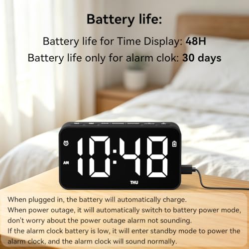 Black Rechargeable Alarm Clock with Dual Alarm & Memory Function for Bedroom & Living Room — Kids & Adults