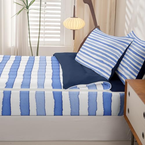 Kids Zipper Bedding Set - Watercolor Stripe Twin with Comforter & Sheets - Navy Blue Variation