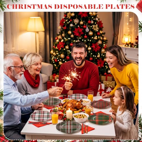 Christmas Plaid Paper Plates 7 Inch - 48 Pack Red Green White Festive Design
