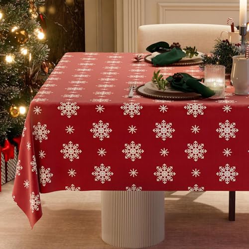 Red Snowflake Tablecloth 60x108 Inches - Holiday Spillproof Cotton Linen Cover for Christmas & Winter Parties - Variation: Red Dne / 108"x 60"
