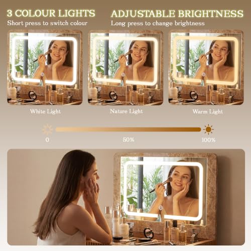 3-in-1 Vanity Desk with Mirror & Lights - Brown Oak (Variation: Brown Oak)