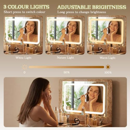 3-in-1 Vanity Desk with Mirror & Lights - Brown Oak (Variation: Brown Oak)