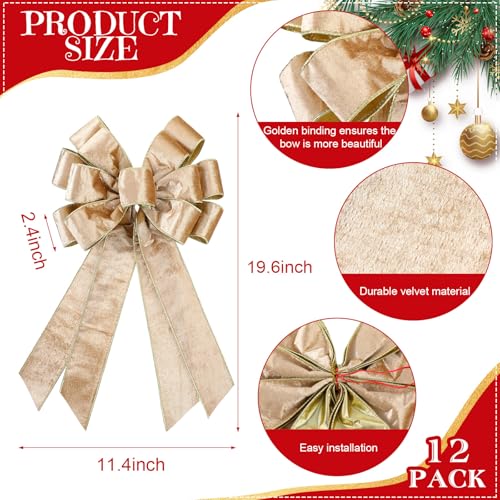 Velvet Christmas Wreath Bow Set - Champagne Gold, 12 Pack