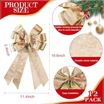 Velvet Christmas Wreath Bow Set - Champagne Gold, 12 Pack