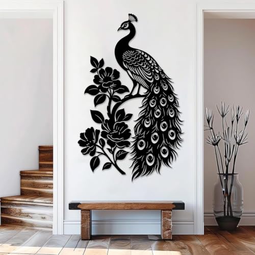 Peacock Metal Wall Art with Peonies - Black, 30 x 19 inches Wall Decor