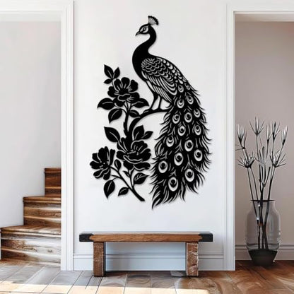 Peacock Metal Wall Art with Peonies - Black, 30 x 19 inches Wall Decor
