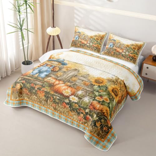 Castle Fairy Fall Scarecrow Quilted Bedspread Set Queen Size Orange Green - 3 Pieces