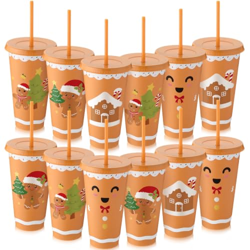 Gingerbread Man Christmas Cups with Lids & Straws - 24 oz, 12 Pack