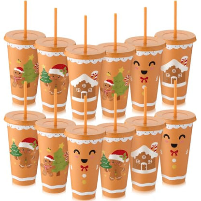 Gingerbread Man Christmas Cups with Lids & Straws - 24 oz, 12 Pack