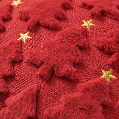 Christmas Tree Star Pillow Cover Set of 4 - Red Green Faux Fur 18x18 Inches