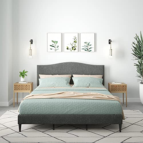 Glenwillow Home Kameli Upholstered Platform Bed Frame/Nailhead Trim Camelback/Mattress Foundation/No Box Spring Needed/Easy Assembly, Beige, Queen