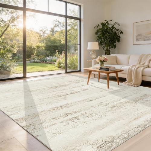 Washable 8x10 Area Rug for Living Room & Bedroom - Beige Ivory Brown Pink