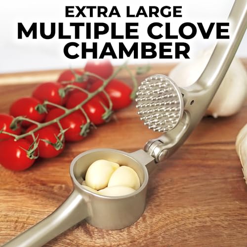 Zulay Kitchen Premium Garlic Press Set - Rust Proof & Dishwasher Safe Professional Garlic Mincer Tool - Easy-Squeeze, Easy-Clean with Soft, Ergonomic Handle - Silicone Garlic Peeler & Brush (Chrome)