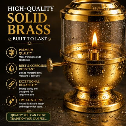 Pure Brass Akhand Jyot Diya with Borosilicate Glass Cover - 96-Hour Burn Time, 450ml