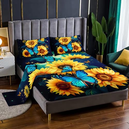 Twin Sunflower Printed Sheet Set for Kids & Teens - 4Pcs, Microfiber