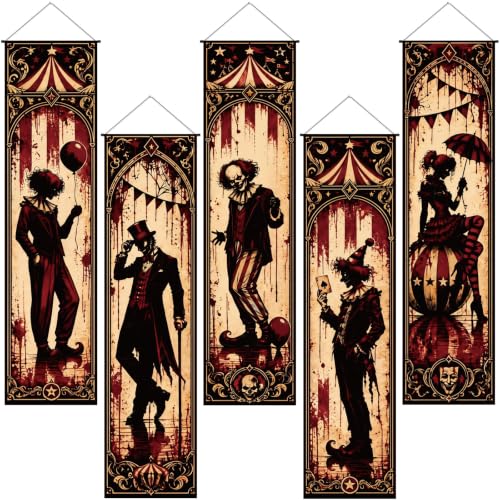 Halloween Clown Banner Set - 5pcs Gothic Circus Wall Decorations, Spooky Party Decor