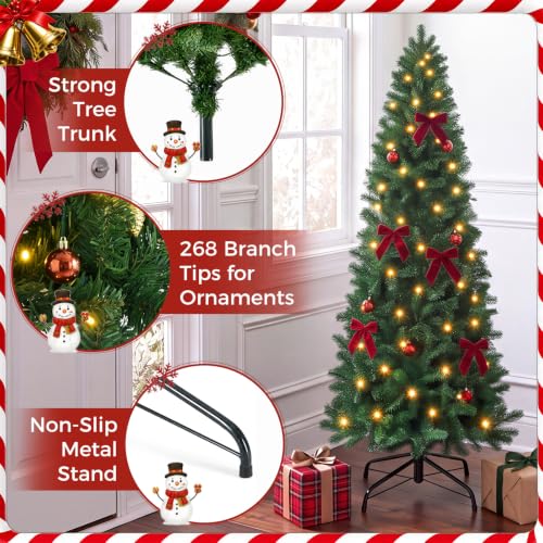 4.5 Ft Artificial Christmas Tree with Warm White Lights, Slim Pre-Lit Xmas Tree