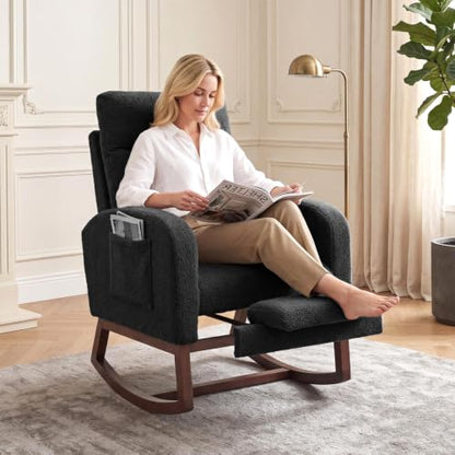 Nursery Rocking Chair with Adjustable Footrest & Side Pocket - Modern Accent Glider