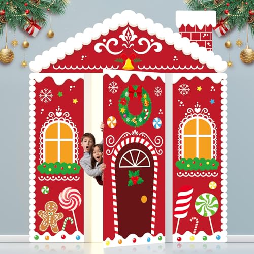 Christmas Gingerbread House Decorations Set with Door Covers & Backdrop - Holiday Porch Signage