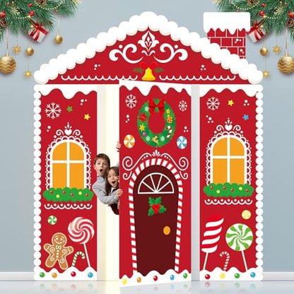 Christmas Gingerbread House Decorations Set with Door Covers & Backdrop - Holiday Porch Signage