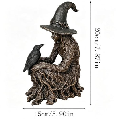 Gothic Witch Figurine Halloween Decor - Mystical Raven Statue with Textured Gown