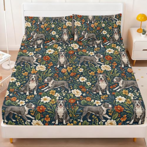 Twin Fitted Bed Sheet Set - Pit Bull Rustic Petals with Flower Pittie Variation