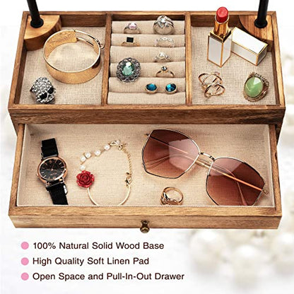 Emfogo Rustic Brown 6-Tier Jewelry Organizer Stand with Adjustable Necklace Holder