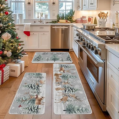 Christmas Winter Kitchen Rugs Set of 3 Snowy Pine Deer Snowflakes Non Slip Mats - 17x29, 17x36, 17x47 - Washable Holiday Floor Decor
