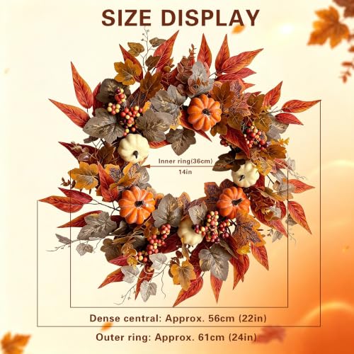 Artificial Fall Wreath for Front Door - Orange-Brown 22-24 Inch Autumn Decor