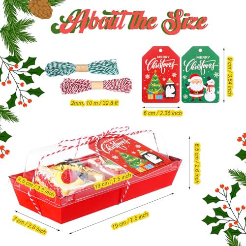 100 Pack Christmas Charcuterie Boxes with Clear Lids, Ropes & Cards - 7.5 Inch Dessert Containers for Cookies, Cakes, Pastries, Xmas Party Favors