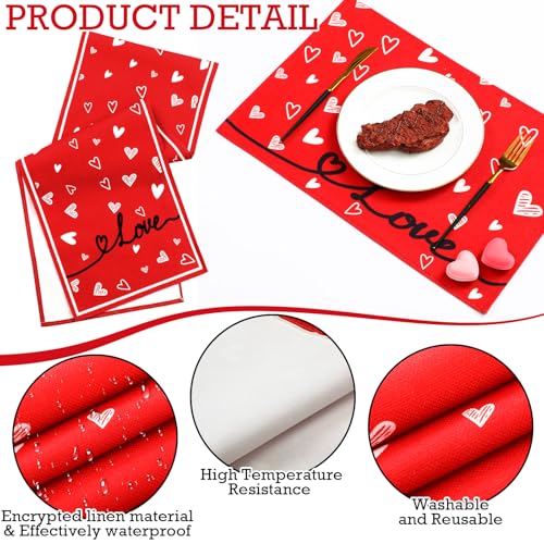 Valentine's Day Table Runner & Placemats Set - Heart Decor for Dining Table - 7 Pieces