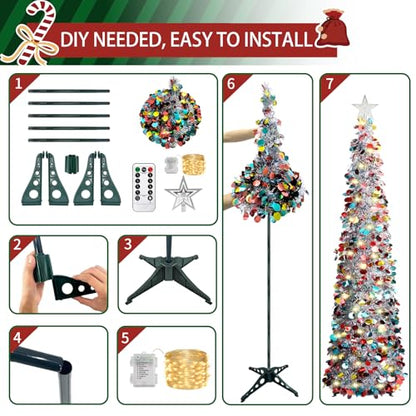 Pop Up Christmas Tinsel Tree with Remote Lights - Collapsible Silver 5FT