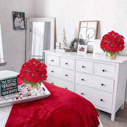 Mini Potted Christmas Poinsettia Flowers - 13 Inch Red Faux Plant, Rustic Decor