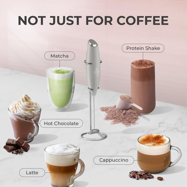 Zulay Kitchen Milk Frother Wand - Ultra Fast Handheld Drink Mixer with 4 AA Duracell Batteries - Light Gray