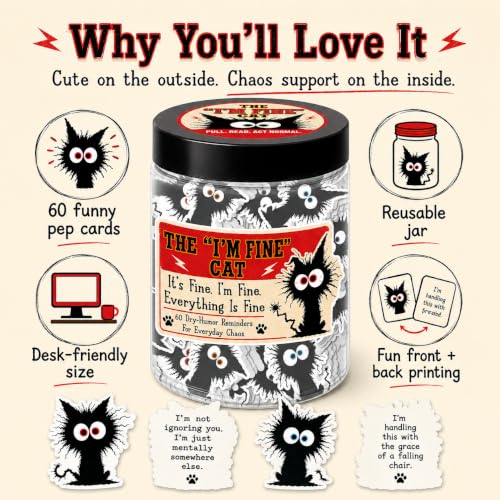 I'm Fine Black Cat Affirmation Jar - Funny Sarcastic Humor Desk Decor Gift