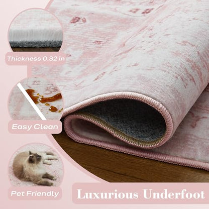Pink 6x8 Area Rug for Baby Girl Kids Playroom Floral Carpet - Pink & White