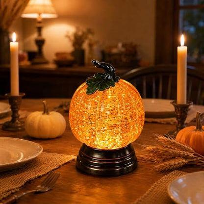 Glitter Lighted Pumpkin Snow Globe - Halloween Decor with Warm Orange LED - Without Battery