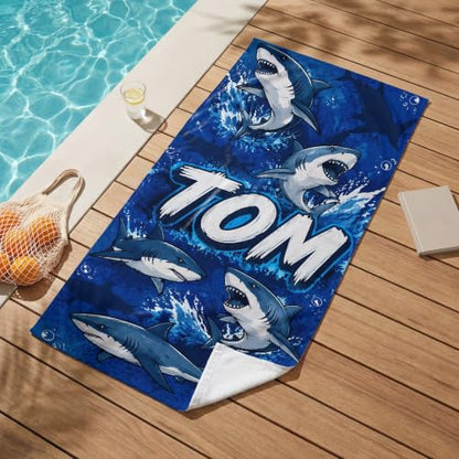 Kids Personalized Shark Beach Towel with Name - Toddler & Boys Beach Blanket