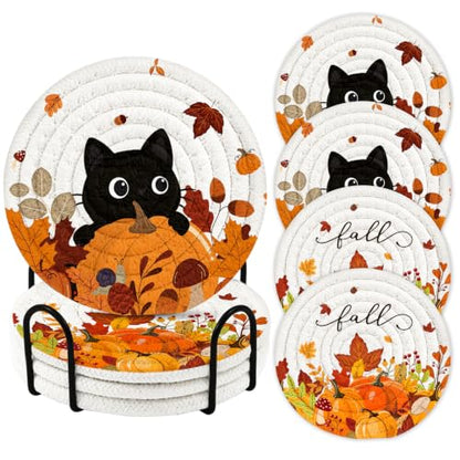 Autumn Pumpkin & Cat Coasters Set of 4 with Holder - Fall Decor