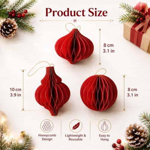 Red Honeycomb Paper Christmas Ornaments - Assorted Ball & Teardrop Shapes - 3 Pack
