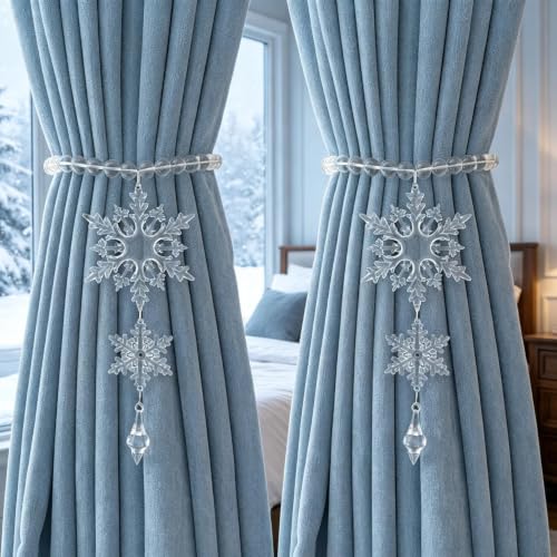 Snowflake Crystal Beaded Curtain Tiebacks - Magnetic Winter Decor Set of 2